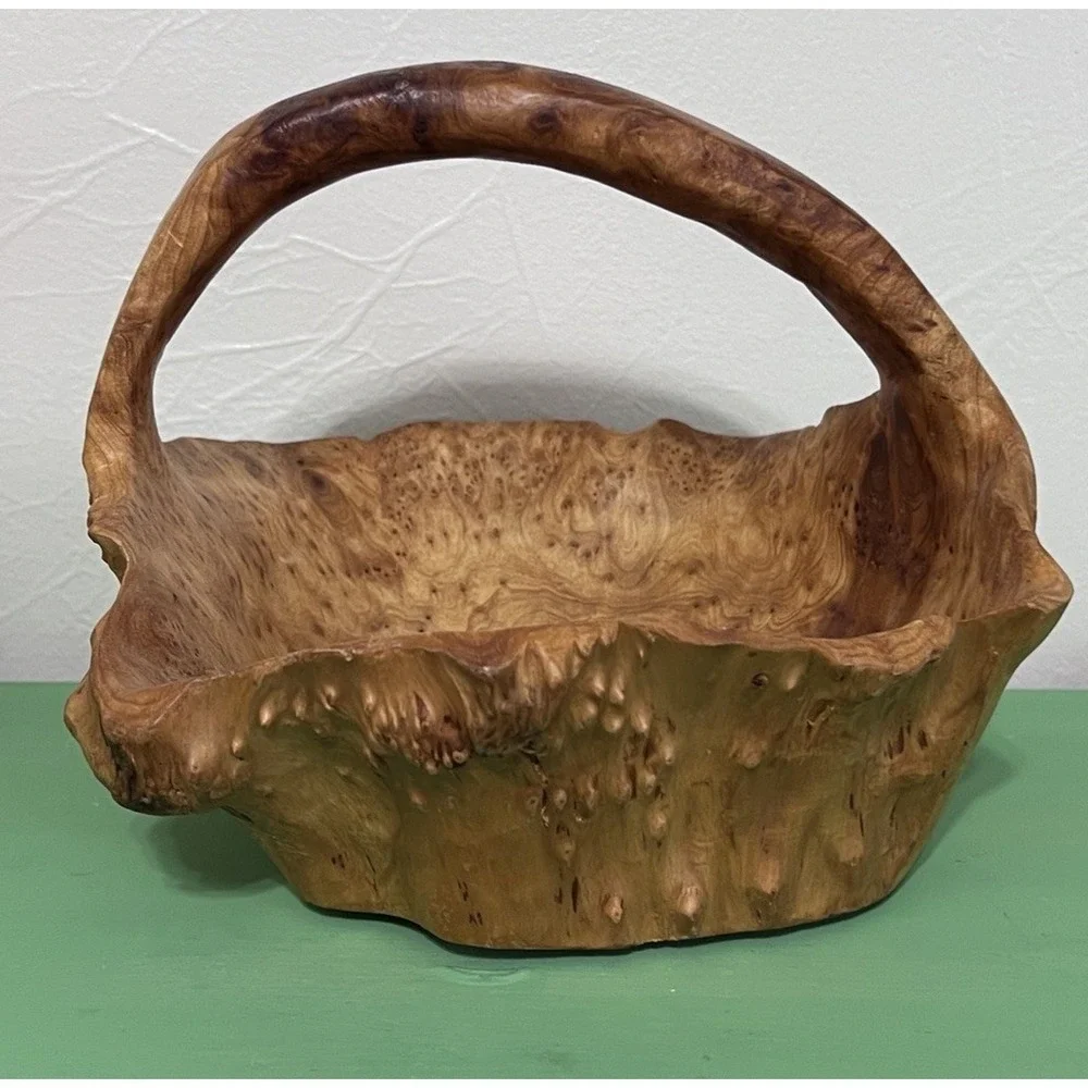 MCM Hand Carved Burl Wood Basket Handle Knobby Unique Boho Cabin Nature VTG‎